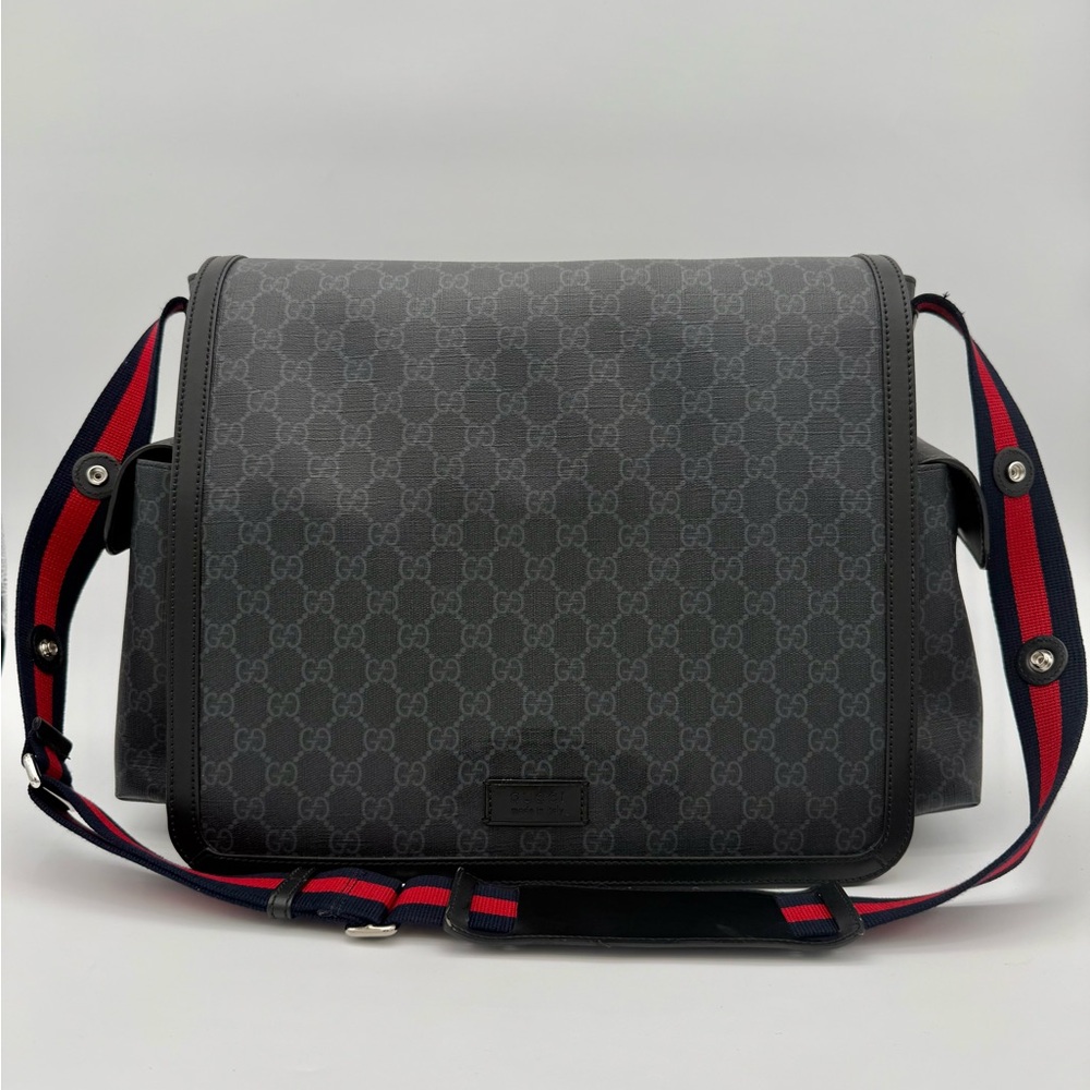 Gucci Gray GG Canvas Messenger Bag with Red & Blue Strap